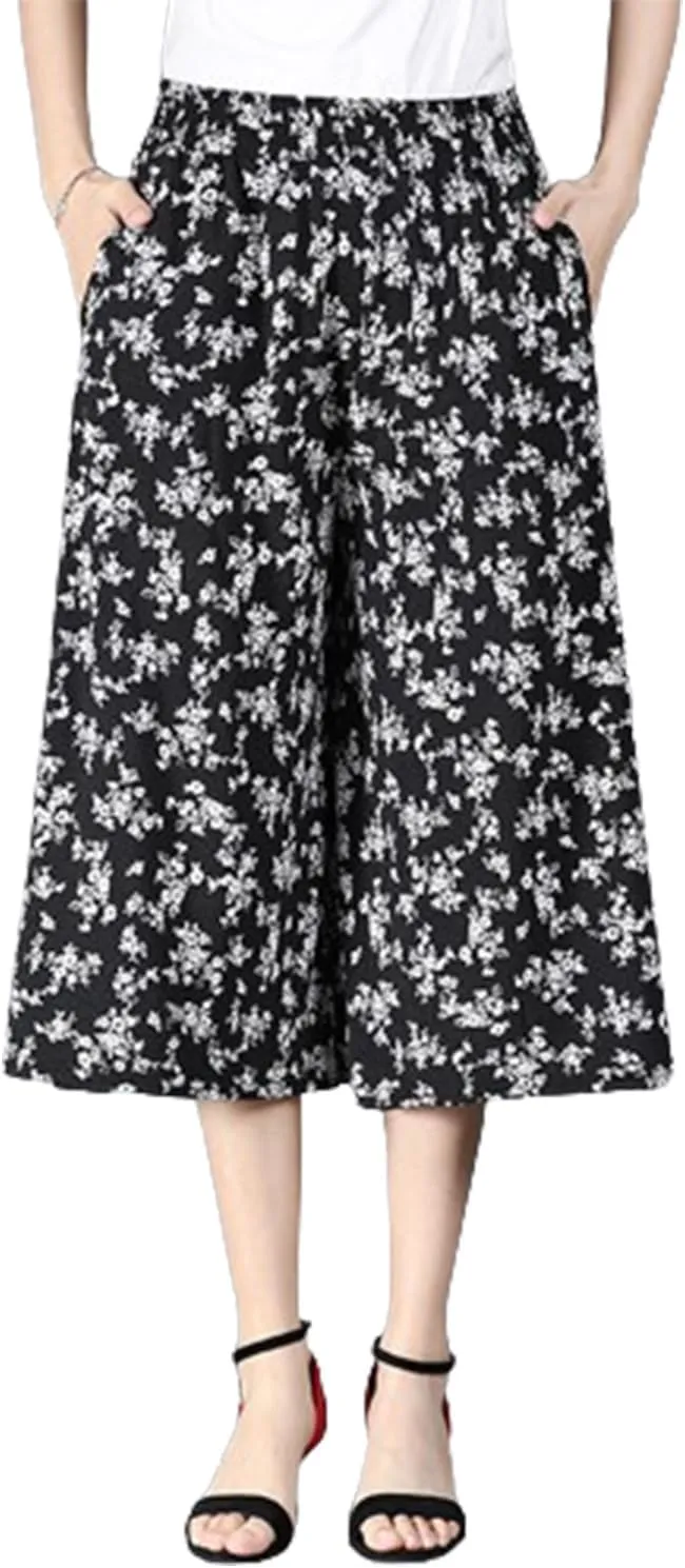 Rsvelte Skirt Pants,Women's High Elastic Waist Pleated Chiffon Wide Leg Culottes,High Waist Culottes Knee Length