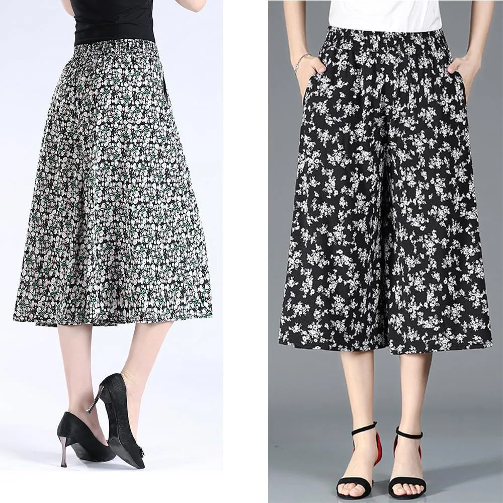 Rsvelte Skirt Pants,Women's High Elastic Waist Pleated Chiffon Wide Leg Culottes,High Waist Culottes Knee Length