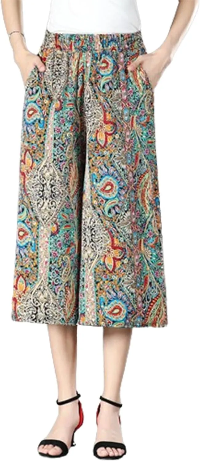 Rsvelte Skirt Pants,Women's High Elastic Waist Pleated Chiffon Wide Leg Culottes,High Waist Culottes Knee Length