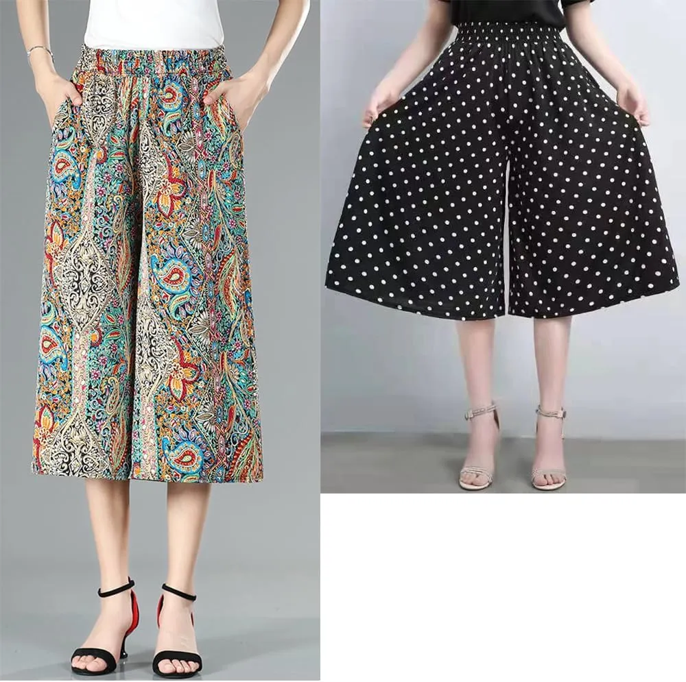 Rsvelte Skirt Pants,Women's High Elastic Waist Pleated Chiffon Wide Leg Culottes,High Waist Culottes Knee Length