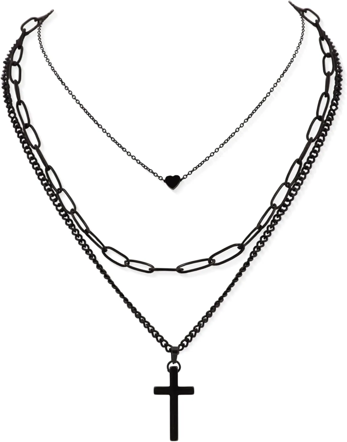 Sacina Goth Layered Black Cross Pendant Necklace, Grunge Gothic Emo Necklace