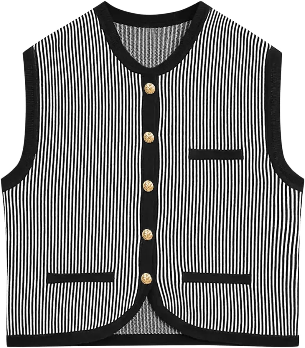 Saodimallsu Womens Striped Sweater Vest Sleeveless Button Down Trendy Color Block Crewneck Crop Knit Tank Tops