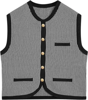 Saodimallsu Womens Striped Sweater Vest Sleeveless Button Down Trendy Color Block Crewneck Crop Knit Tank Tops