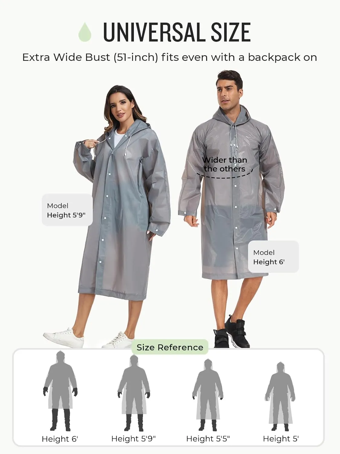 SaphiRose Extra Long Rain Ponchos for Adults - EVA Rain Coats Waterproof Unisex Rain Jacket with Drawstring Hood