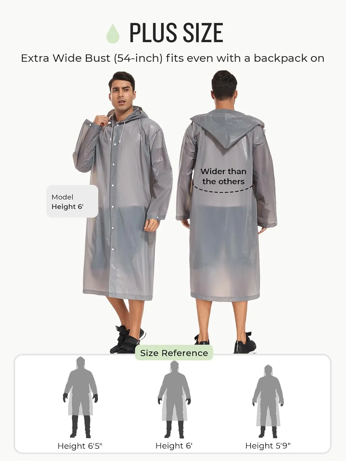 SaphiRose Extra Long Rain Ponchos for Adults - EVA Rain Coats Waterproof Unisex Rain Jacket with Drawstring Hood