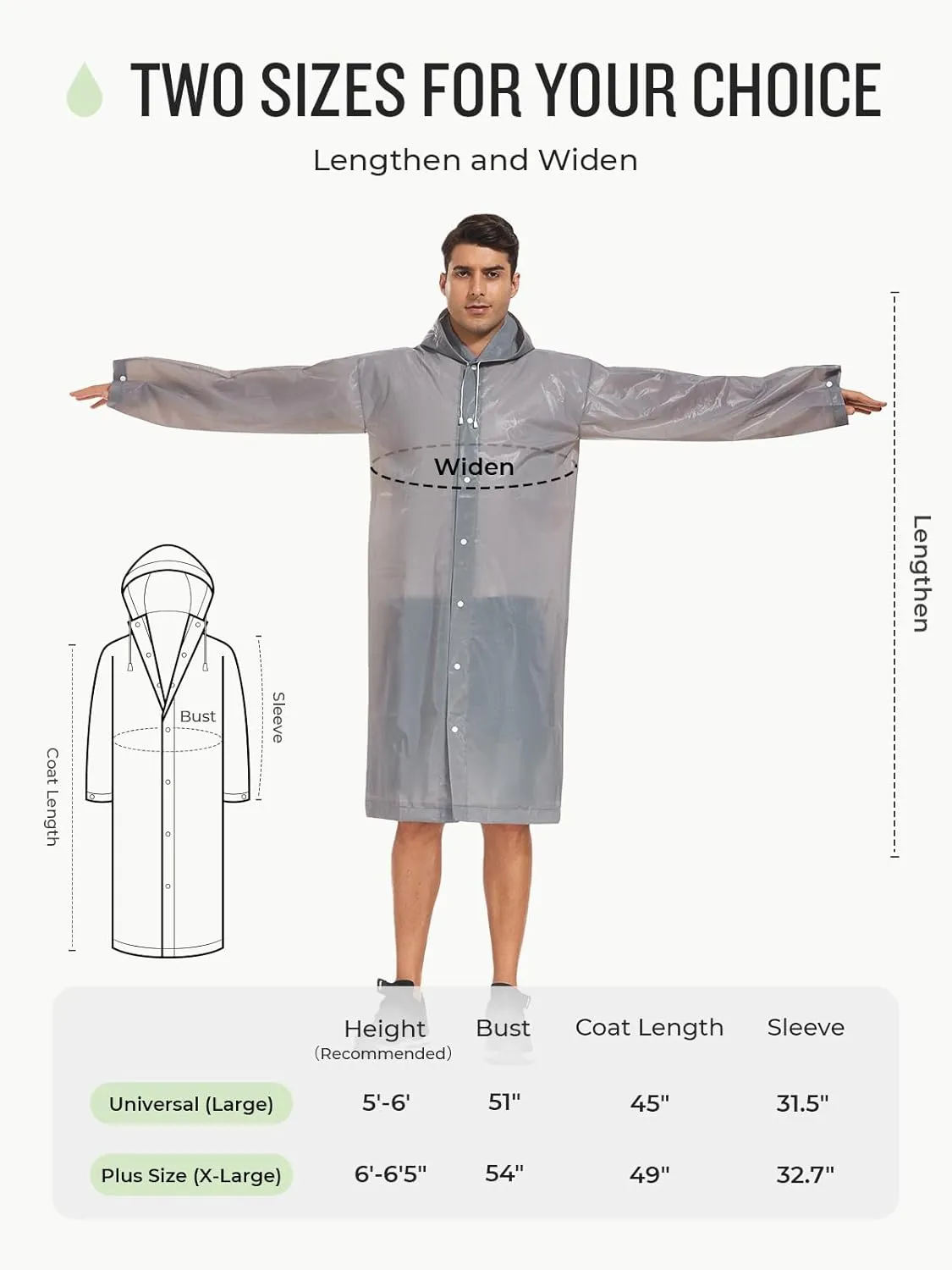 SaphiRose Extra Long Rain Ponchos for Adults - EVA Rain Coats Waterproof Unisex Rain Jacket with Drawstring Hood