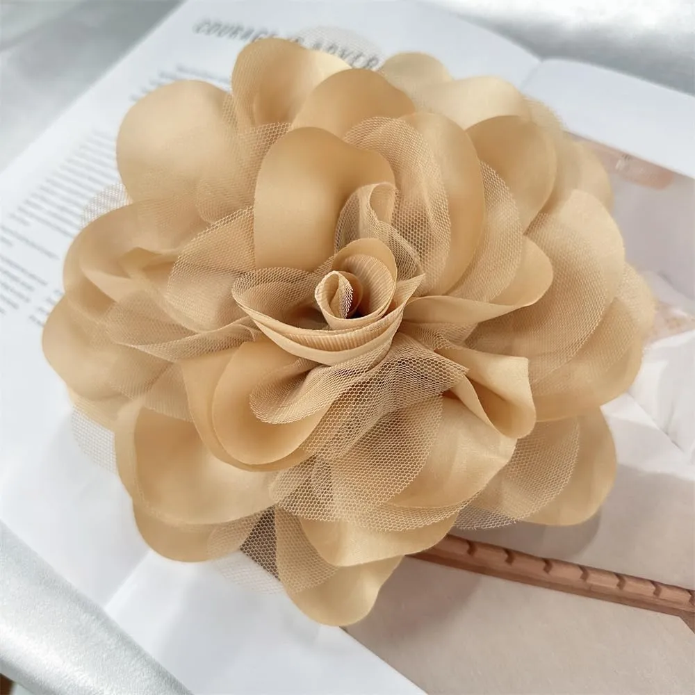 Satin Mesh Fabric Rose Flower Extra Large Big Brooches Lapel Pins Elegant Silk Camellia Oversized Pin for Women Wedding Party Banquet Dresses Suit Clothes Accessories 7.87in
