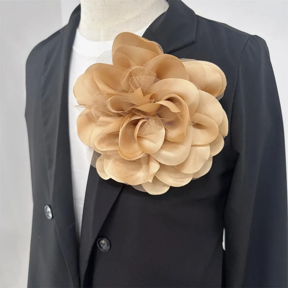 Satin Mesh Fabric Rose Flower Extra Large Big Brooches Lapel Pins Elegant Silk Camellia Oversized Pin for Women Wedding Party Banquet Dresses Suit Clothes Accessories 7.87in