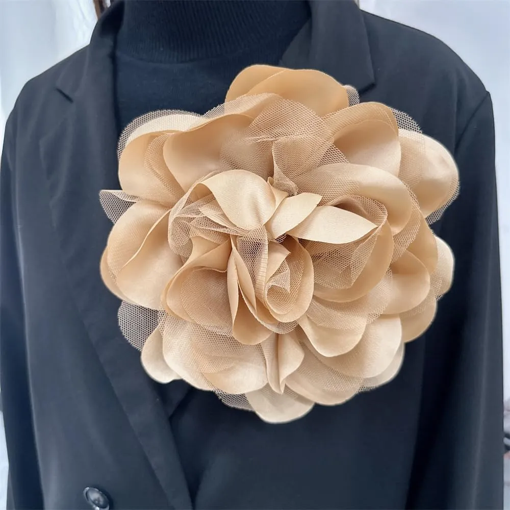 Satin Mesh Fabric Rose Flower Extra Large Big Brooches Lapel Pins Elegant Silk Camellia Oversized Pin for Women Wedding Party Banquet Dresses Suit Clothes Accessories 7.87in