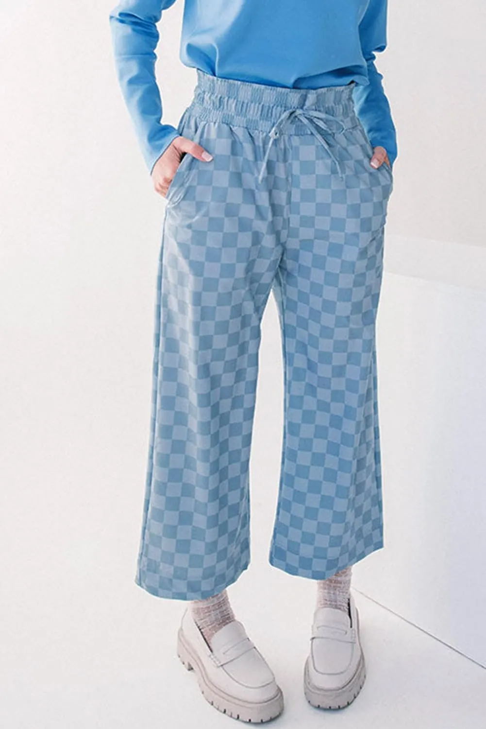 SELINK Women Casual Checkered Elastic High Waist Loose Pants with Pockets Plaid Straight Wide Leg Soft Daily Trousers