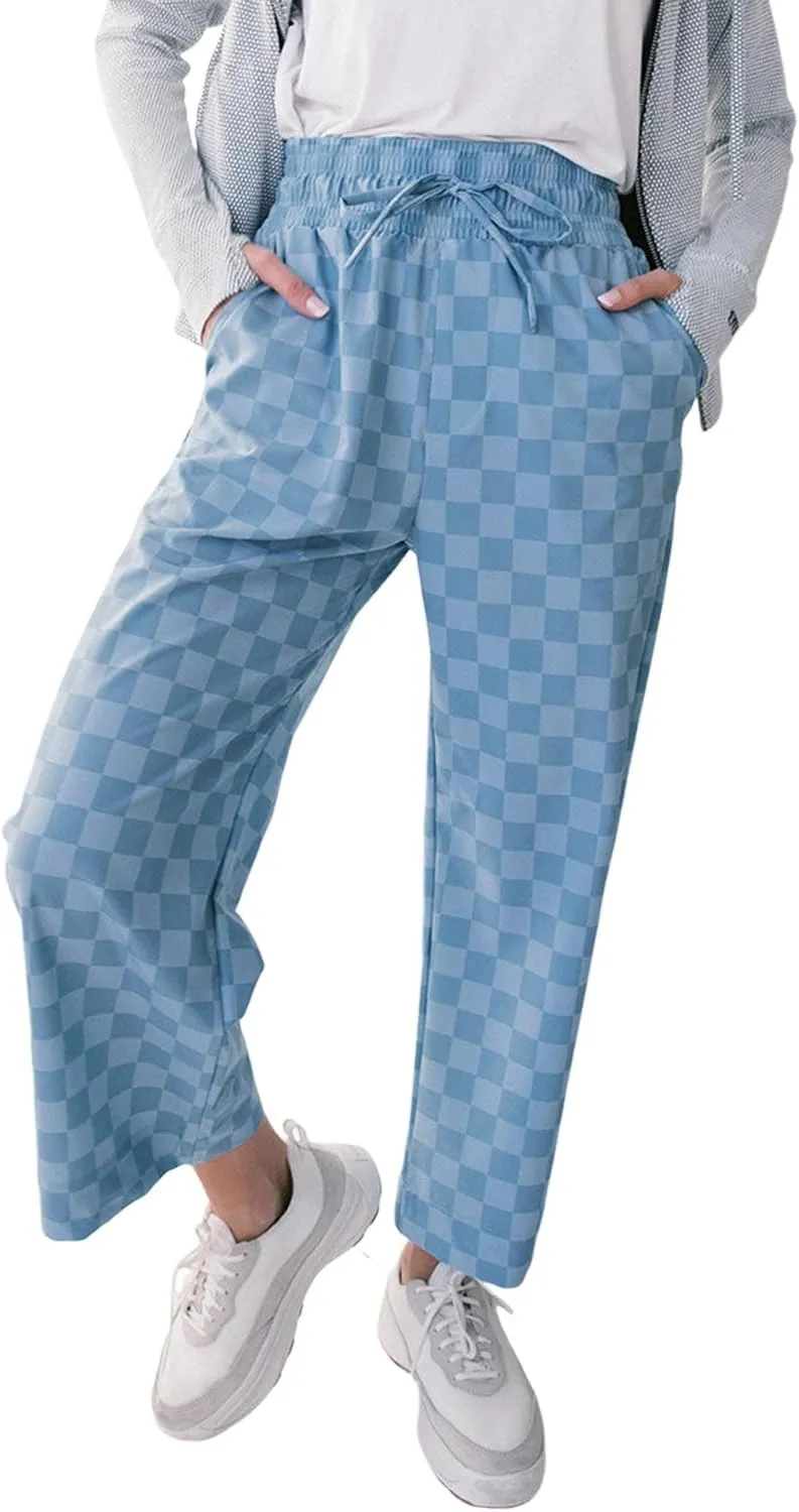 SELINK Women Casual Checkered Elastic High Waist Loose Pants with Pockets Plaid Straight Wide Leg Soft Daily Trousers