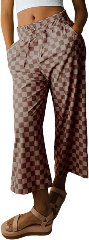 SELINK Women Casual Checkered Elastic High Waist Loose Pants with Pockets Plaid Straight Wide Leg Soft Daily Trousers