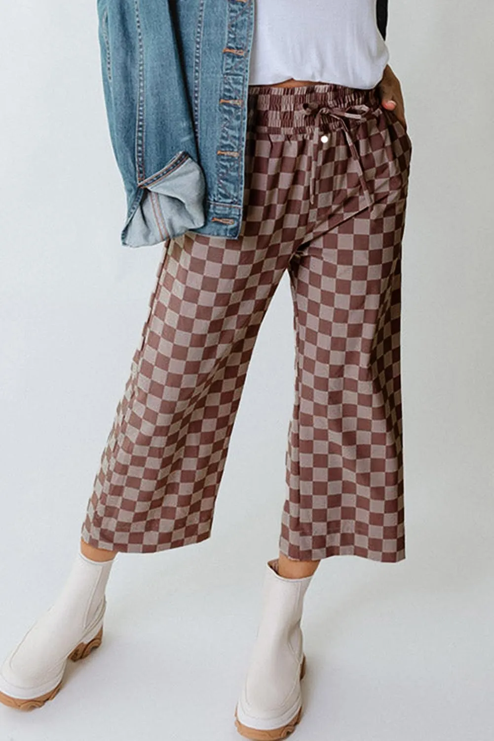 SELINK Women Casual Checkered Elastic High Waist Loose Pants with Pockets Plaid Straight Wide Leg Soft Daily Trousers