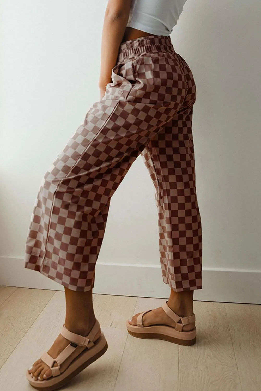 SELINK Women Casual Checkered Elastic High Waist Loose Pants with Pockets Plaid Straight Wide Leg Soft Daily Trousers