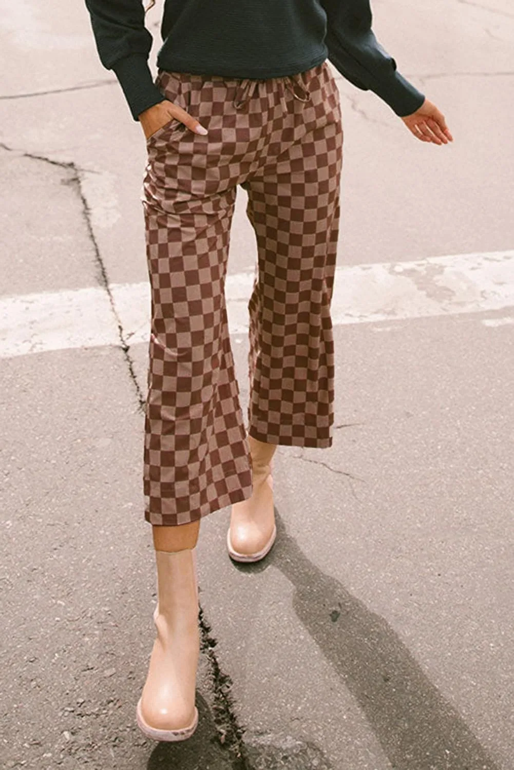 SELINK Women Casual Checkered Elastic High Waist Loose Pants with Pockets Plaid Straight Wide Leg Soft Daily Trousers