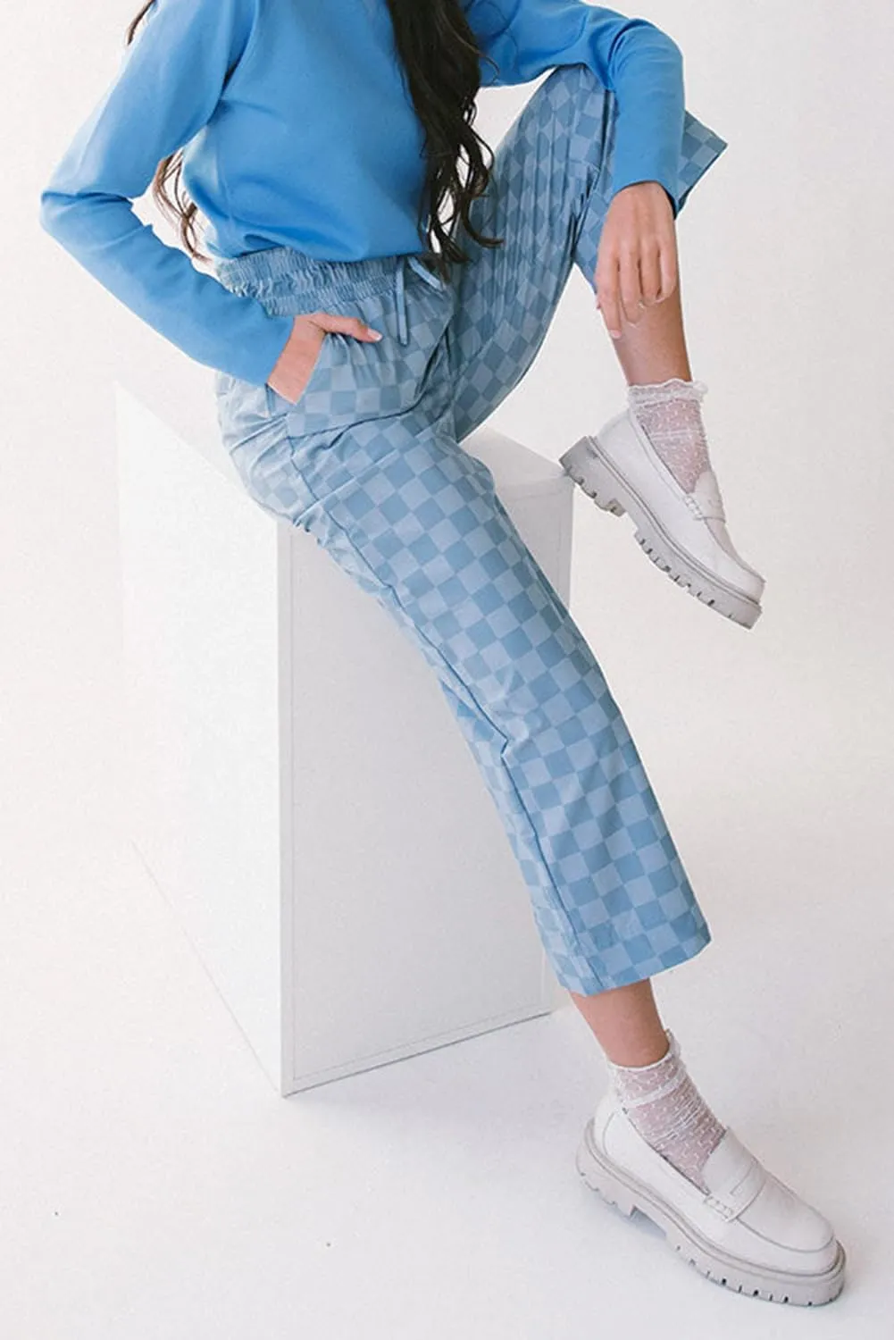SELINK Women Casual Checkered Elastic High Waist Loose Pants with Pockets Plaid Straight Wide Leg Soft Daily Trousers