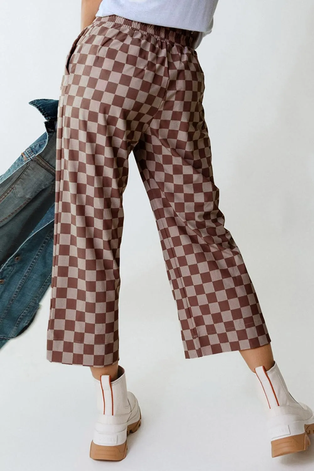 SELINK Women Casual Checkered Elastic High Waist Loose Pants with Pockets Plaid Straight Wide Leg Soft Daily Trousers