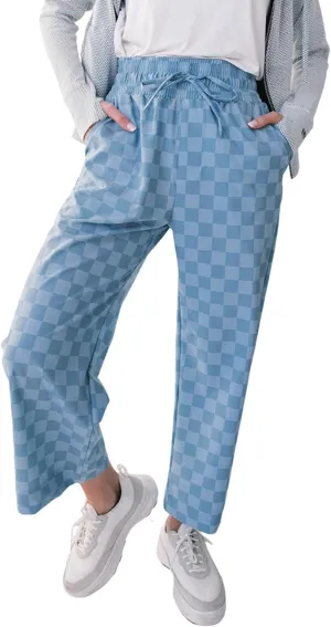 SELINK Women Casual Checkered Elastic High Waist Loose Pants with Pockets Plaid Straight Wide Leg Soft Daily Trousers