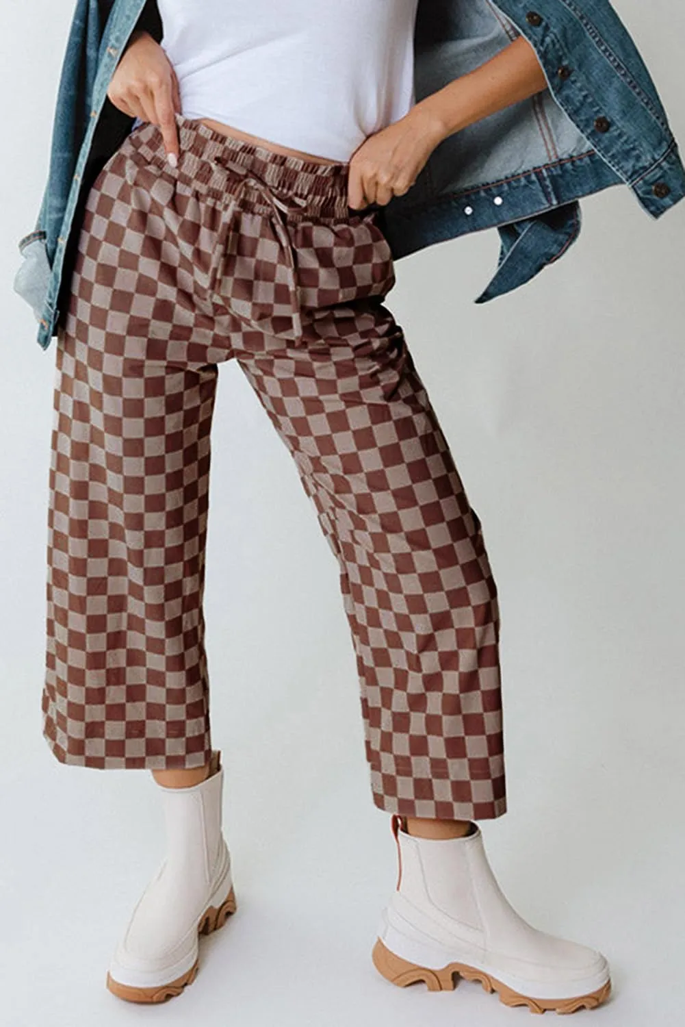 SELINK Women Casual Checkered Elastic High Waist Loose Pants with Pockets Plaid Straight Wide Leg Soft Daily Trousers