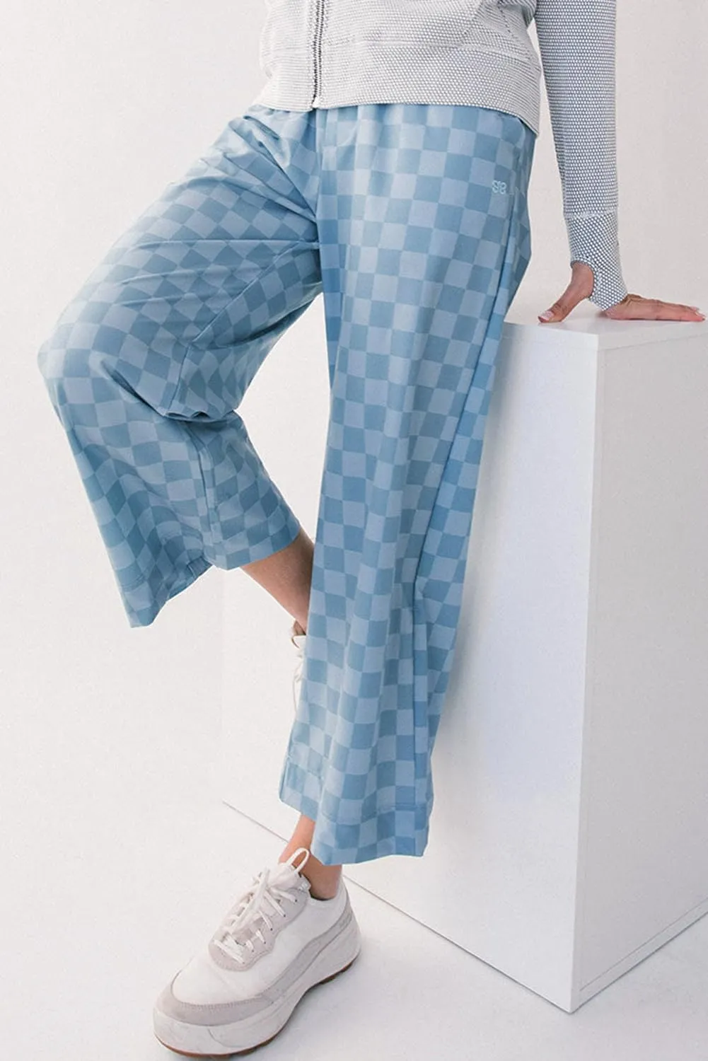 SELINK Women Casual Checkered Elastic High Waist Loose Pants with Pockets Plaid Straight Wide Leg Soft Daily Trousers