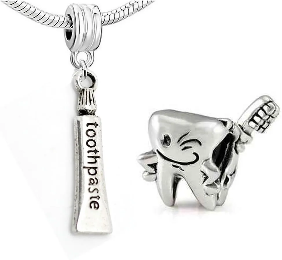 Sexy Sparkles Set of Two Toothpaste and Tooth Charm Beads ?C Dangle Charms for Snake Chain Bracelets, Compatible with European Bracelets
