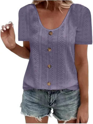 Short Sleeve Blouses for Women Dressy Casual Loose Tops Scoop Neck Plain Basic Tees Elegant Hollow Embroidery Tunic