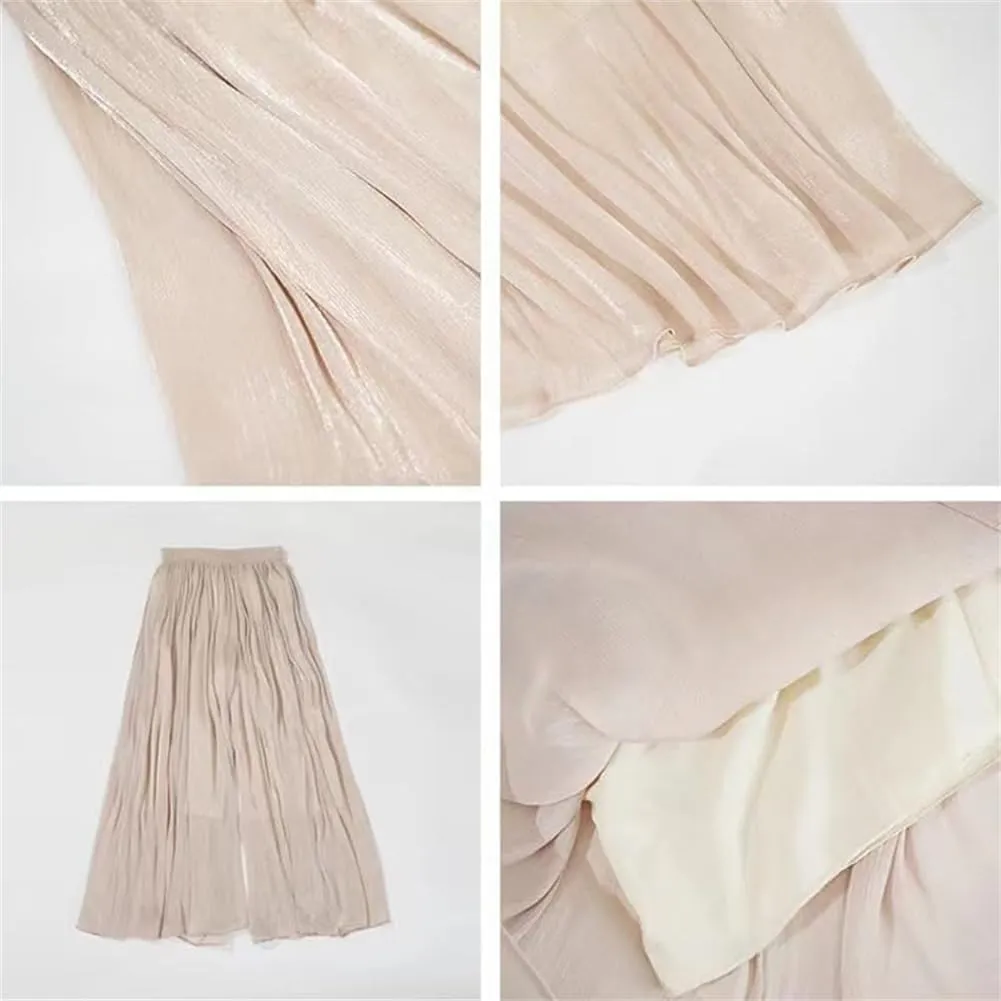 Silk Floor-Length Wide-Leg Culottes, Women's Summer Plus Size High Elastic Waist Pleated Chiffon Pants Skirts