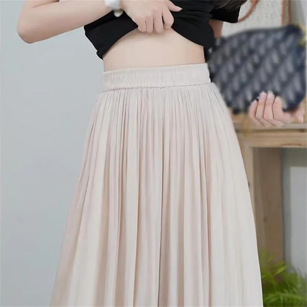 Silk Floor-Length Wide-Leg Culottes, Women's Summer Plus Size High Elastic Waist Pleated Chiffon Pants Skirts