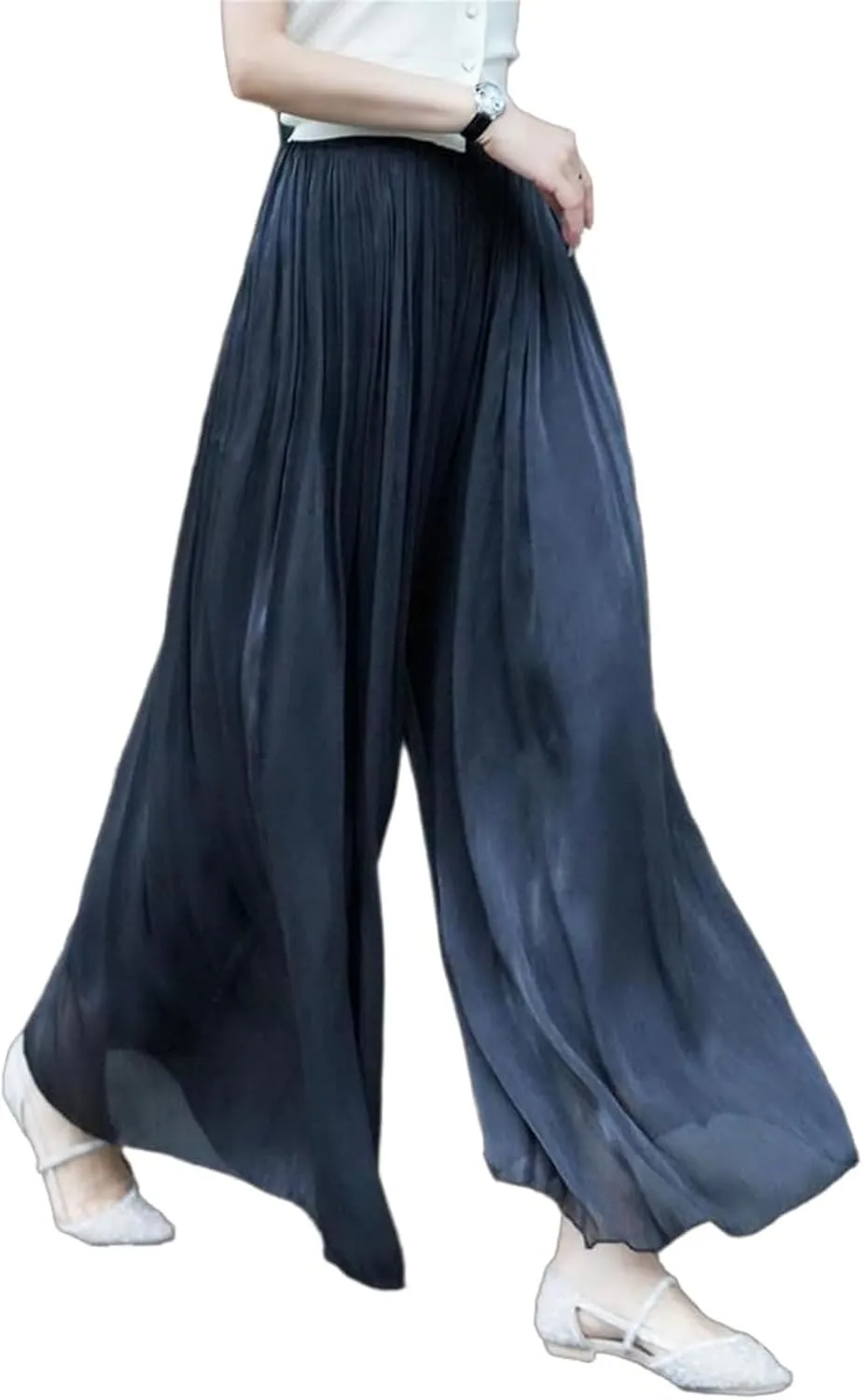 Silk Floor-Length Wide-Leg Culottes, Women's Summer Plus Size High Elastic Waist Pleated Chiffon Pants Skirts