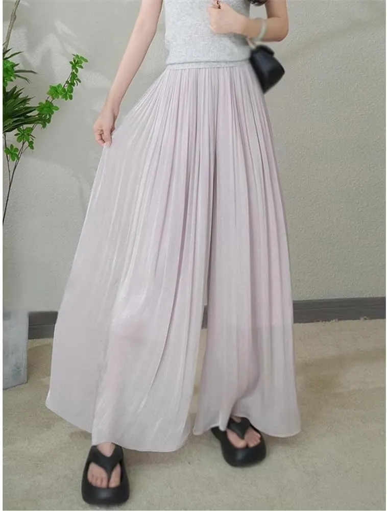 Silk Floor-Length Wide-Leg Culottes, Women's Summer Plus Size High Elastic Waist Pleated Chiffon Pants Skirts