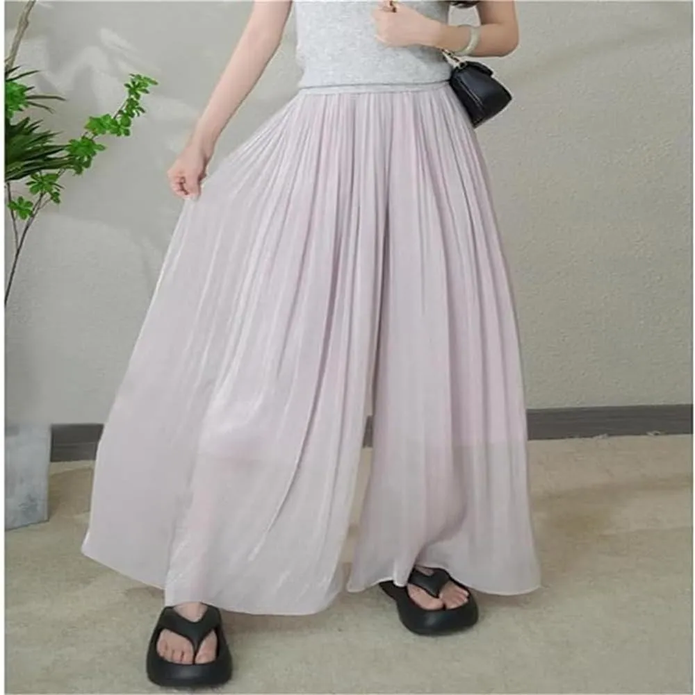 Silk Floor-Length Wide-Leg Culottes, Women's Summer Plus Size High Elastic Waist Pleated Chiffon Pants Skirts