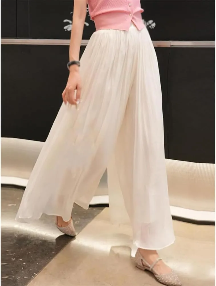 Silk Floor-Length Wide-Leg Culottes, Women's Summer Plus Size High Elastic Waist Pleated Chiffon Pants Skirts