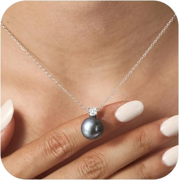 Single Black Pearl Pendant Necklace with Cubic Zirconia for Women S925 Sterling Silver Simple Crystal Pearl Drop Necklace Charm Chain CZ Pearl Chocker Necklace Wife Daughter Birthday Jewelry Gifts