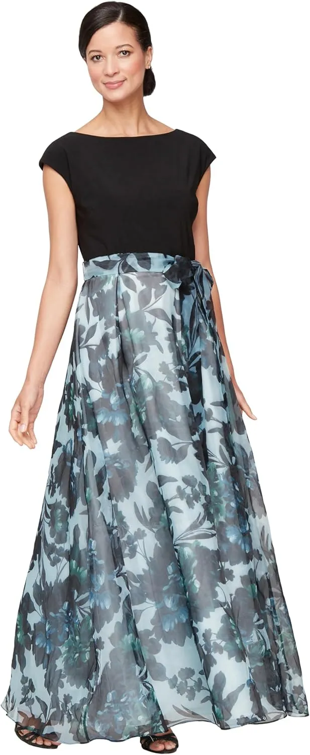 S.L. Fashions Women's Long Floral Print Sleeveless Special Occasion, Wedding Guest Dress W/Belt (Petite and Regular Sizes)