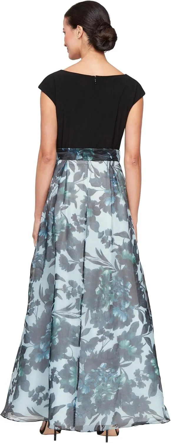 S.L. Fashions Women's Long Floral Print Sleeveless Special Occasion, Wedding Guest Dress W/Belt (Petite and Regular Sizes)