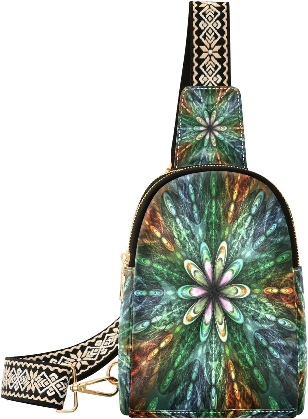 Small Sling Bag Waist Packs Leather Crossbody Packs Chest Bag Color Fractal Flowers Fantasy for Women Travel Belt Purse
