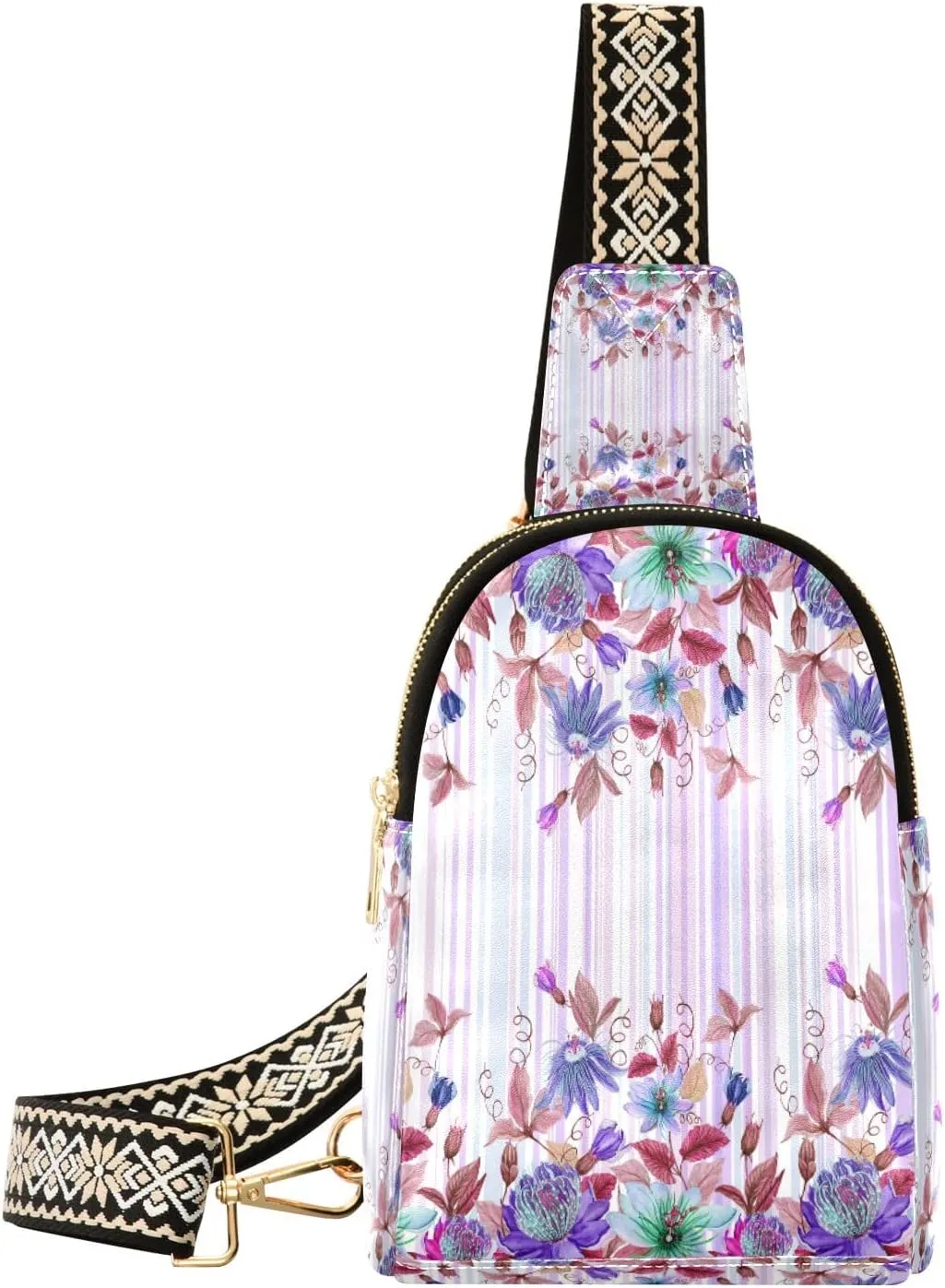 Small Sling Bag Waist Packs Leather Crossbody Packs Chest Bag Colorful Floral for Women Travel Belt Purse