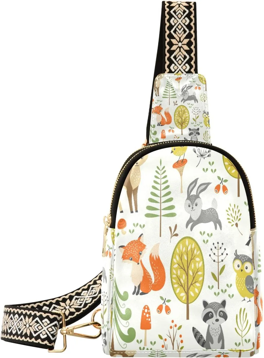 Small Sling Bag Waist Packs Leather Crossbody Packs Chest Bag Cute Woodland Animals Trees Mushrooms and Berries for Women Travel Belt Purse