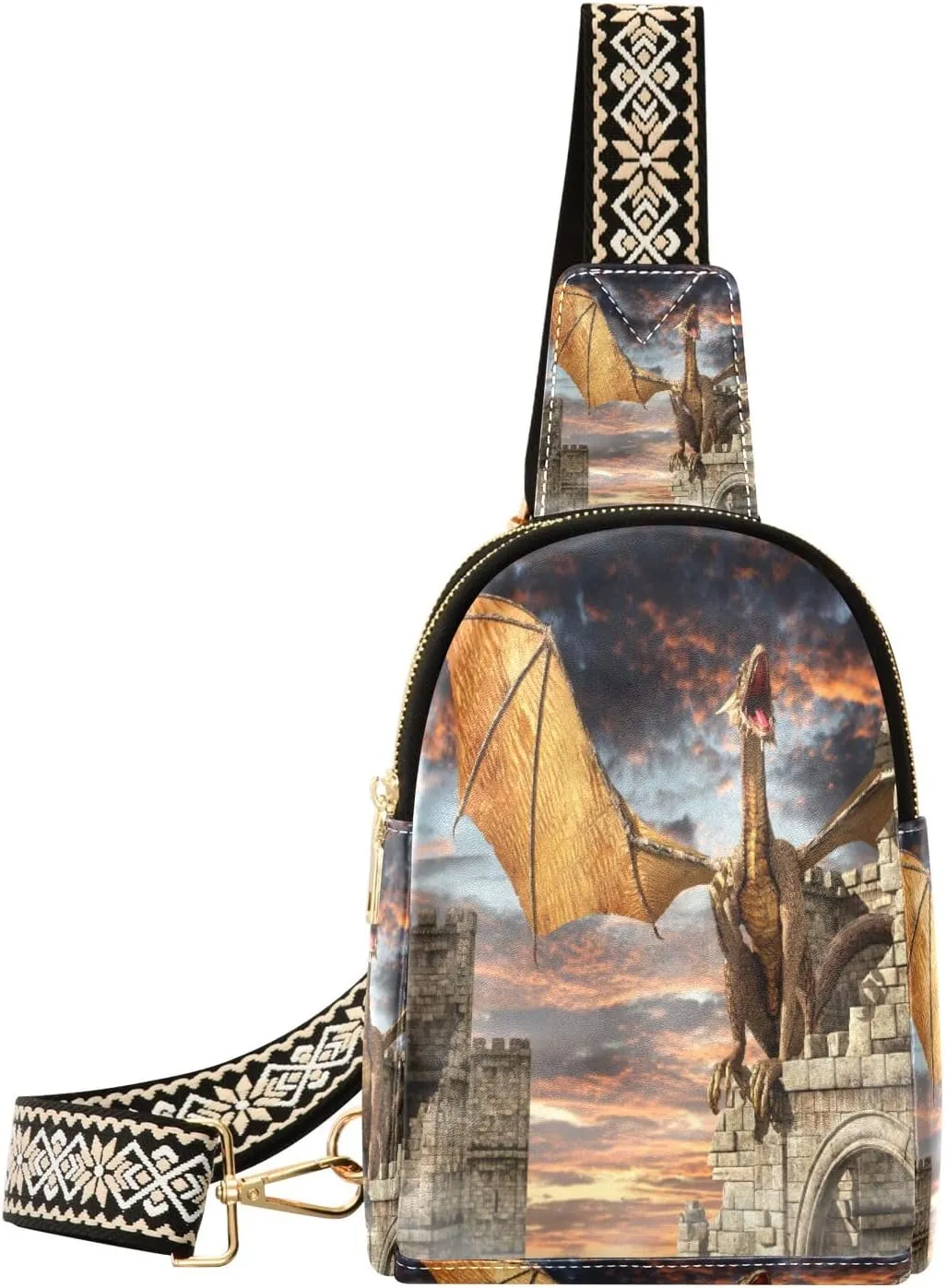 Small Sling Bag Waist Packs Leather Crossbody Packs Chest Bag Dragon on Castle for Women Travel Belt Purse
