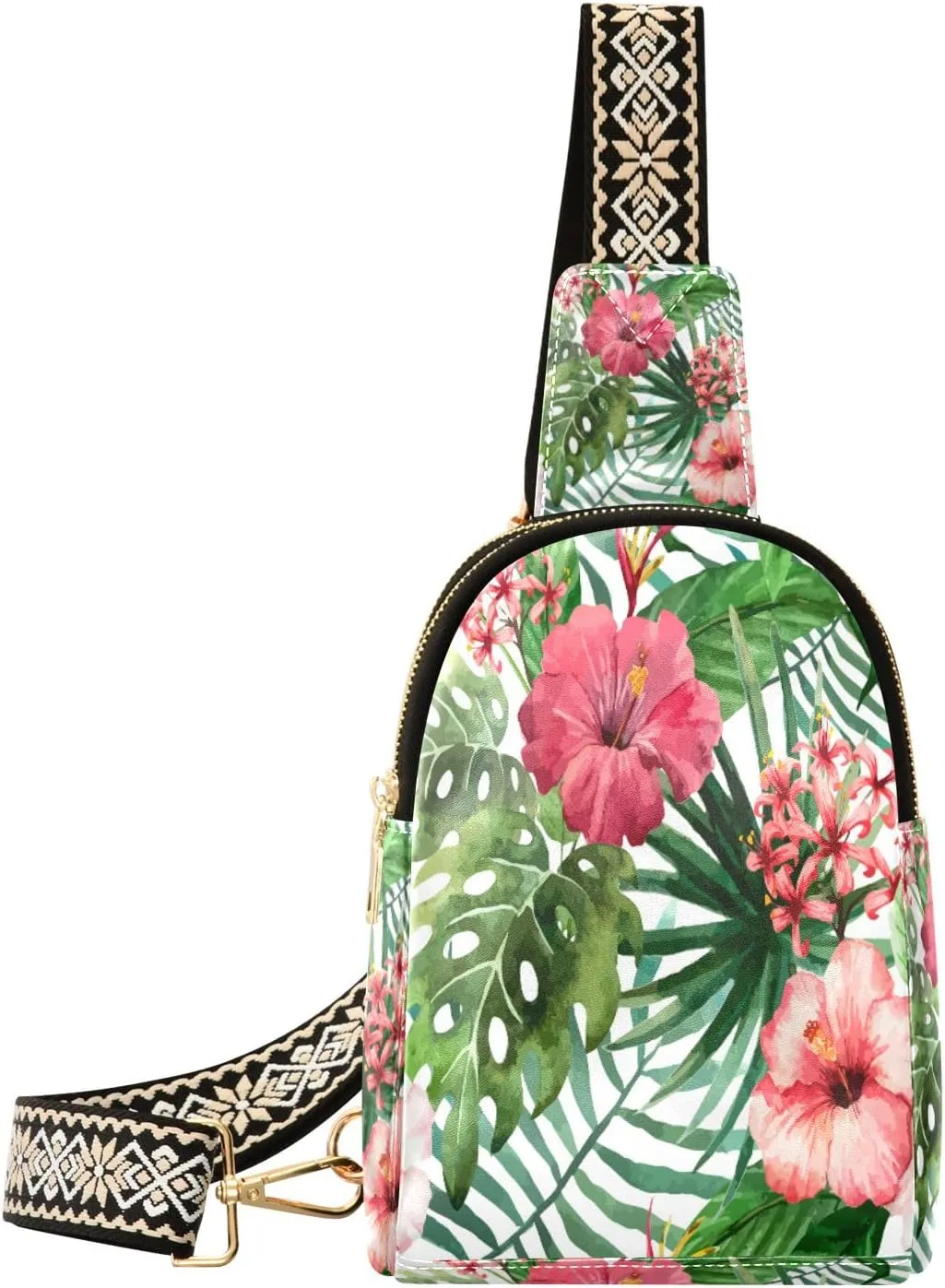 Small Sling Bag Waist Packs Leather Crossbody Packs Chest Bag Flower Green Leaves for Women Travel Belt Purse