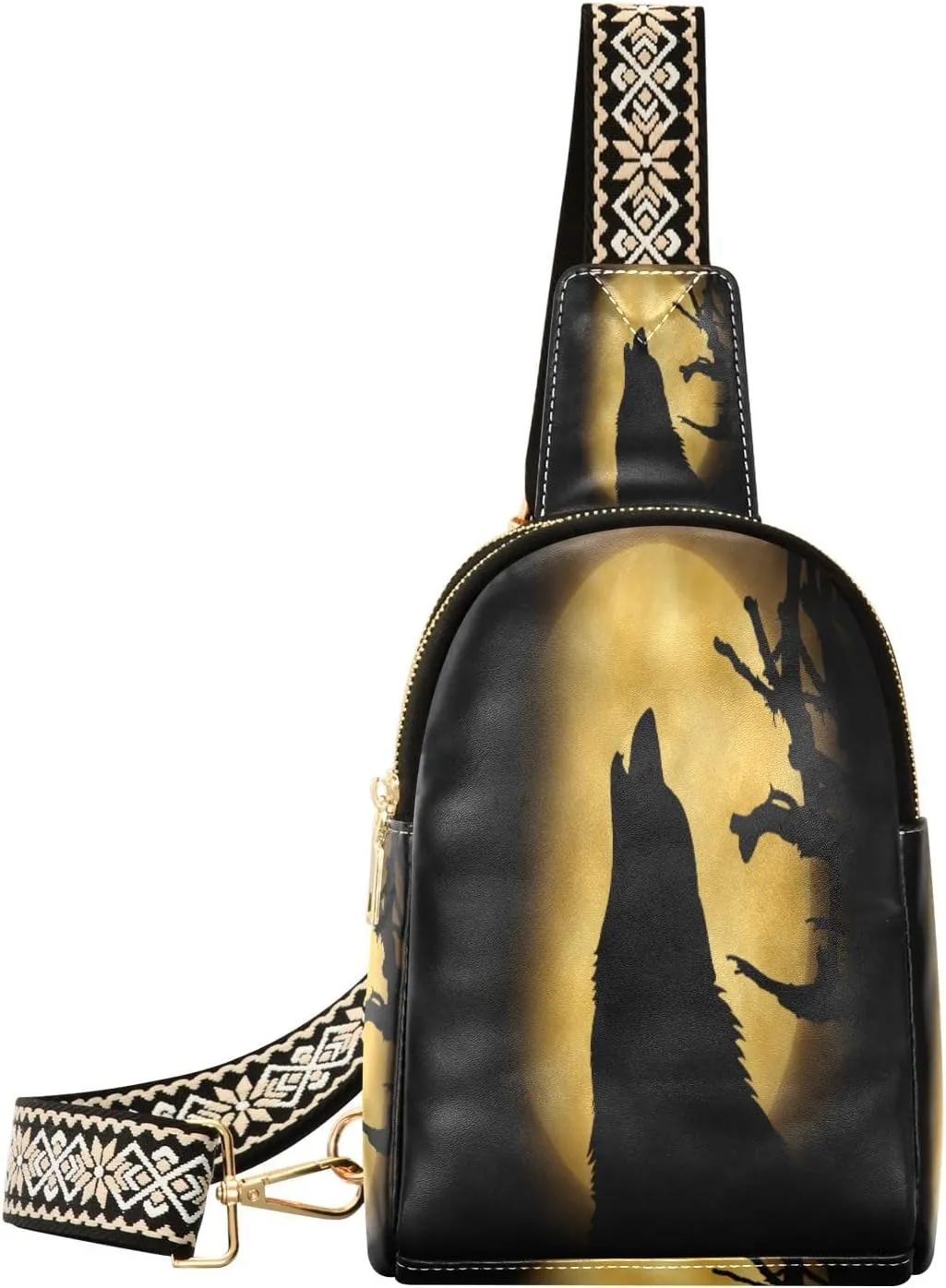 Small Sling Bag Waist Packs Leather Crossbody Packs Chest Bag Moon Wolf for Women Travel Belt Purse