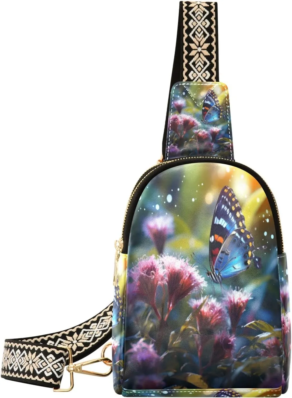 Small Sling Bag Waist Packs Leather Crossbody Packs Chest Bag Pink Flower Butterfly for Women Travel Belt Purse