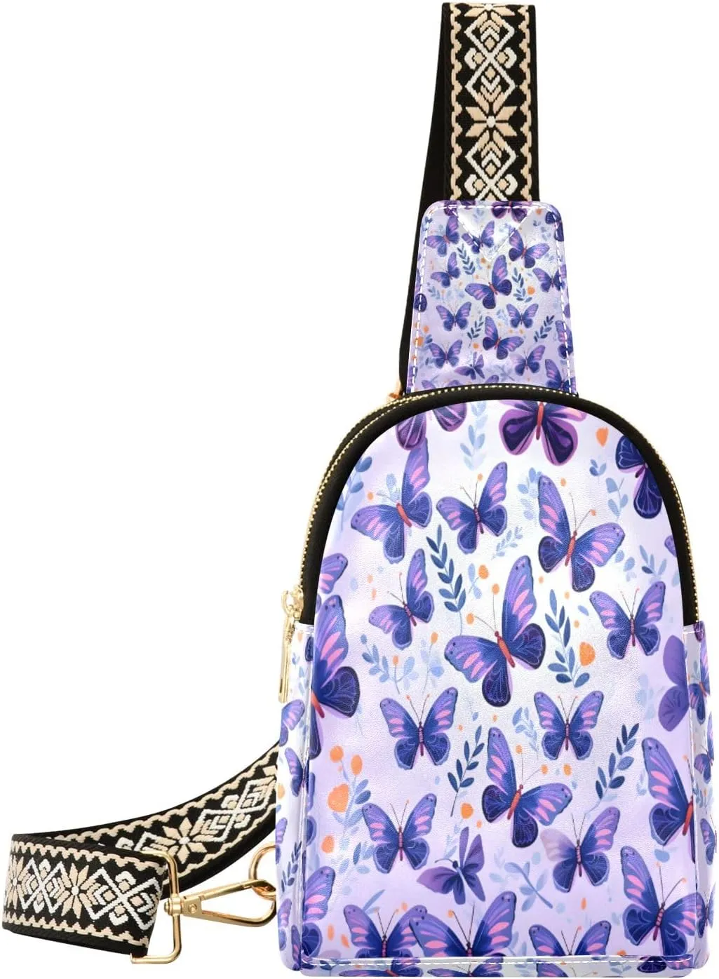 Small Sling Bag Waist Packs Leather Crossbody Packs Chest Bag Purple Leaves Butterfly for Women Travel Belt Purse