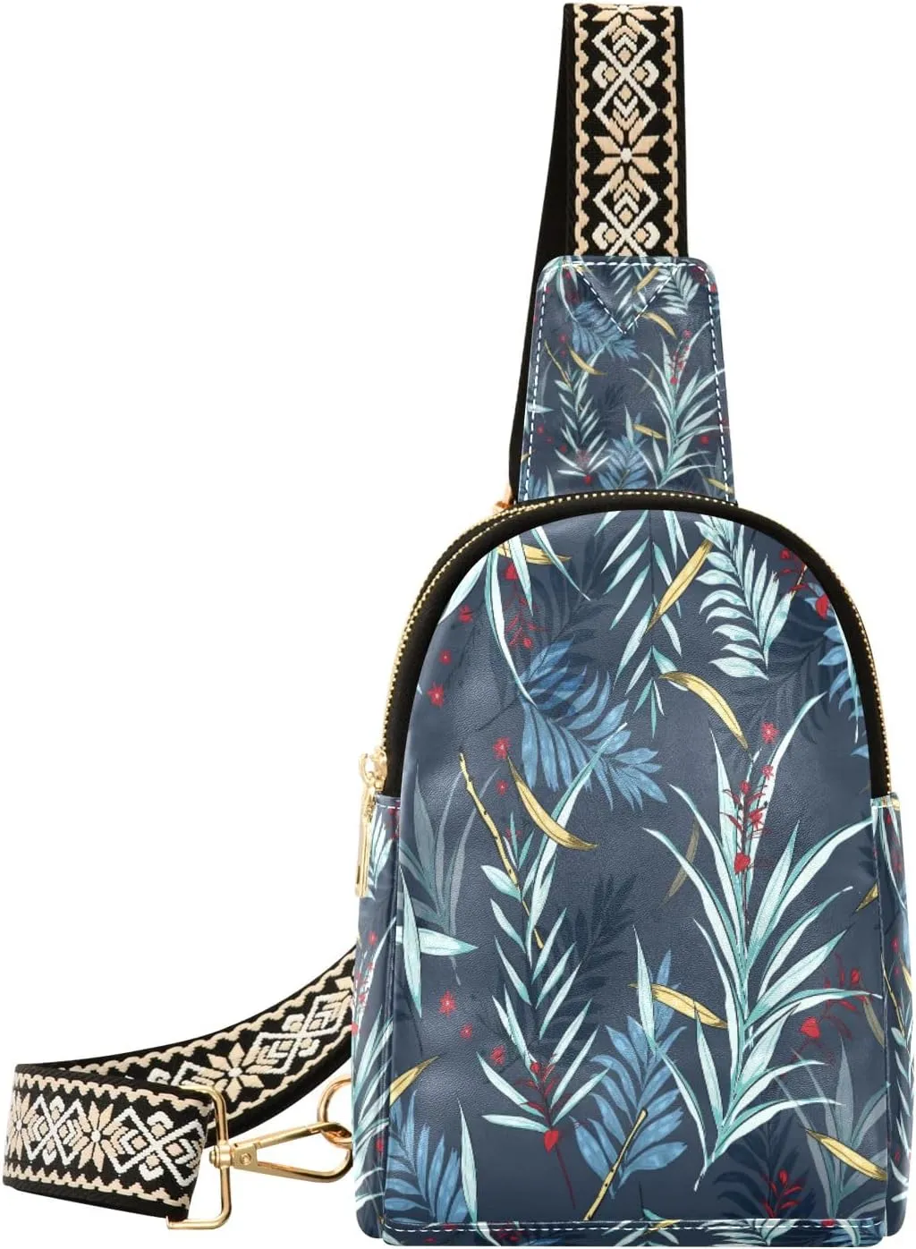 Small Sling Bag Waist Packs Leather Crossbody Packs Chest Bag Tropical Leaves for Women Travel Belt Purse