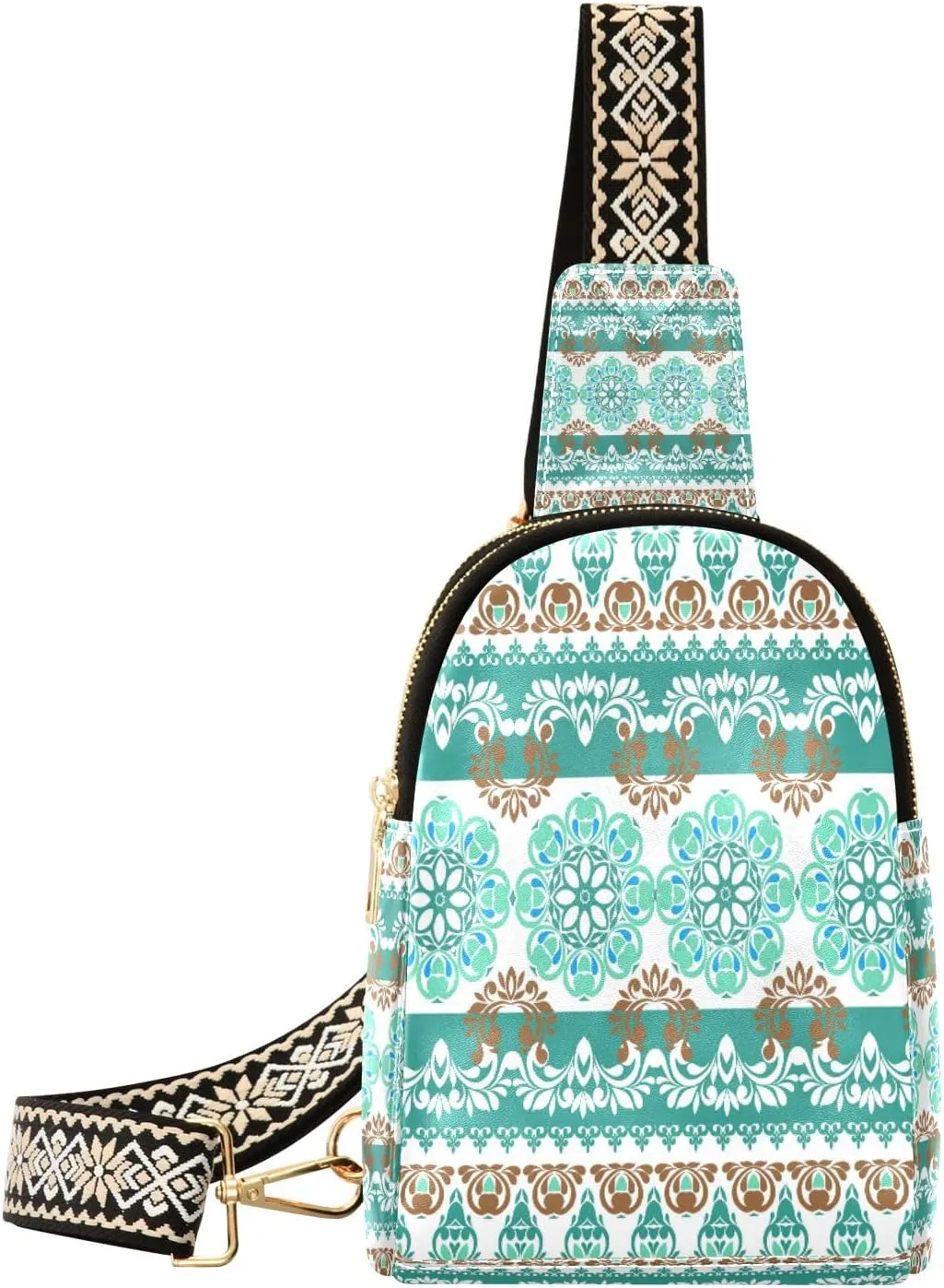Small Sling Bag Waist Packs Leather Crossbody Packs Chest Bag Turquoise Blue Floral with Paisley Bohemia for Women Travel Belt Purse