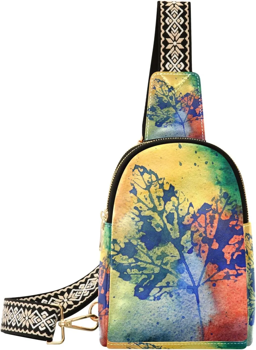 Small Sling Bag Waist Packs Leather Crossbody Packs Chest Bag Watercolor Leaf for Women Travel Belt Purse