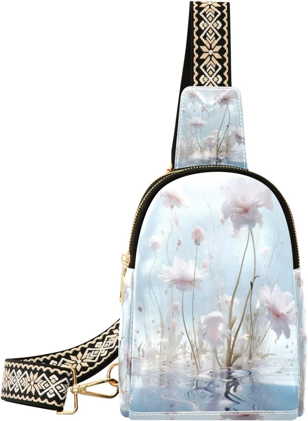 Small Sling Bag Waist Packs Leather Crossbody Packs Chest Bag White Pink Flowe for Women Travel Belt Purse