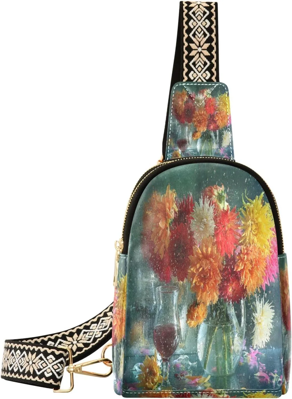 Small Sling Bag Waist Packs Leather Crossbody Packs Chest Bag Wine and Dahlias Flowers Floral for Women Travel Belt Purse