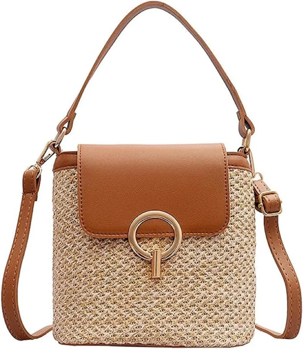 Small Straw Crossbody Bag, Women Cellphone Shoulder Bag Beach Bucket Handbag