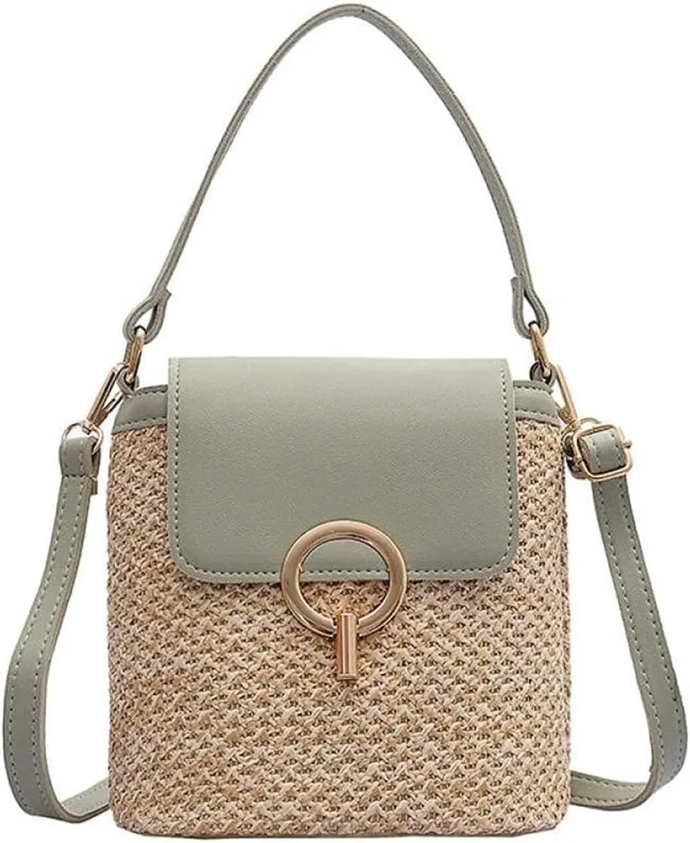 Small Straw Crossbody Bag, Women Cellphone Shoulder Bag Beach Bucket Handbag
